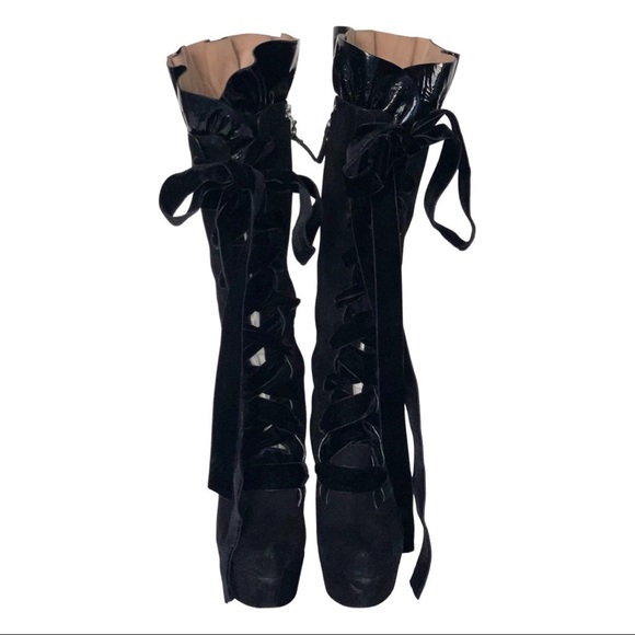 Louis Vuitton Black Goat Suede Patent Ruffle Cancan Velvet Lace-Up High Boots - Picture 3 of 16